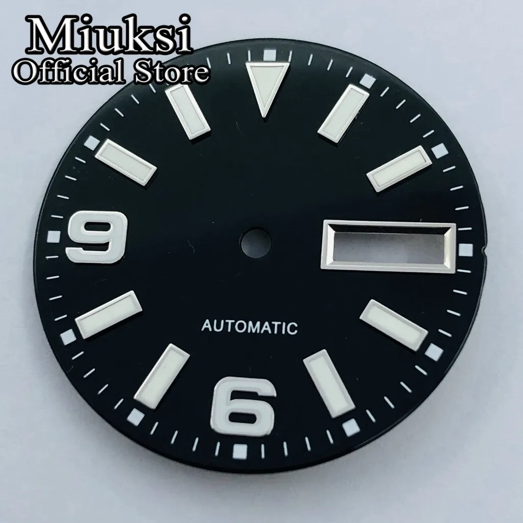 

Miuksi 29mm black watch dial green luminous sterile dial fit NH36 movement