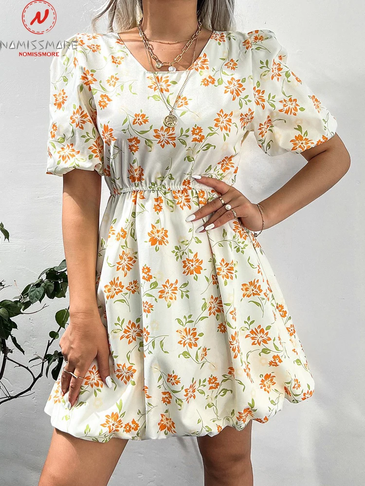 

Sweet Women Summer Flower Print A-Line Dress Patchwork Design Square Collar Puff Short Sleeve High Waist Slim Mini Dress