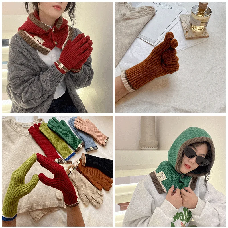 

Корейский модный женский комплект балаклава с капюшоном шапка перчатки зимние мужские вязаные балаклава шерстяной пуловер с ушами снуд шапка бонет шапка
