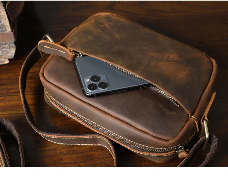 Vintage genuine leather men's small crossbody bag outdoor casual simple high-quality luxury crazy horse cowhide shoulder bag