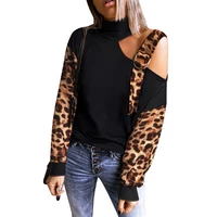 women pullover turtleneck t shirt leopard patchwork printed long sleeve one shoulder tops autumn spring street woman casual top