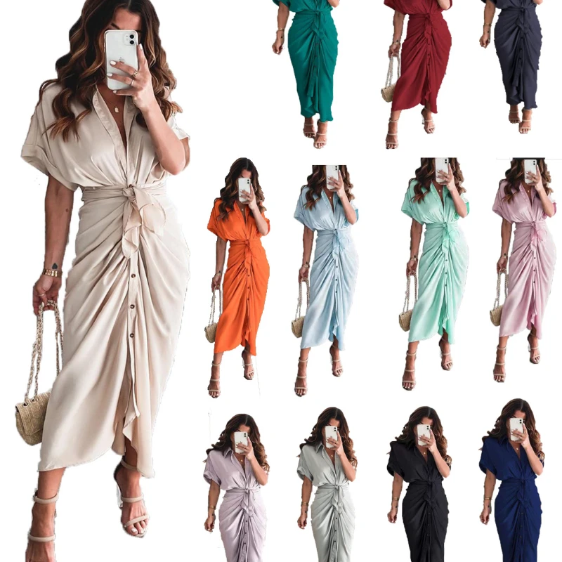 

2022 Summer New Arrival Office Lady Fashion Stain Dresses Shirt Top Ankle-Length V-Neck Button Pleated Dresses For Women