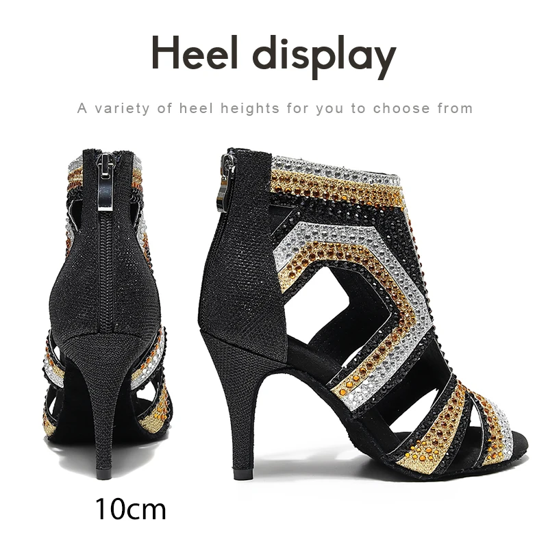 DKZSYIM Women's Latin Dance Shoes Rhinestones Black Salsa Dancing Shoes Woman Party Dance Boots Ballroom Shoes Suede Sole