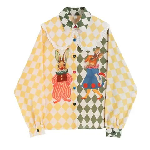 Spring Women's Blouse Checkerboard Printing Chic Design Long Sleeves Casual Tops Fashion Vintage Doll Collar Button Baggy Shirts