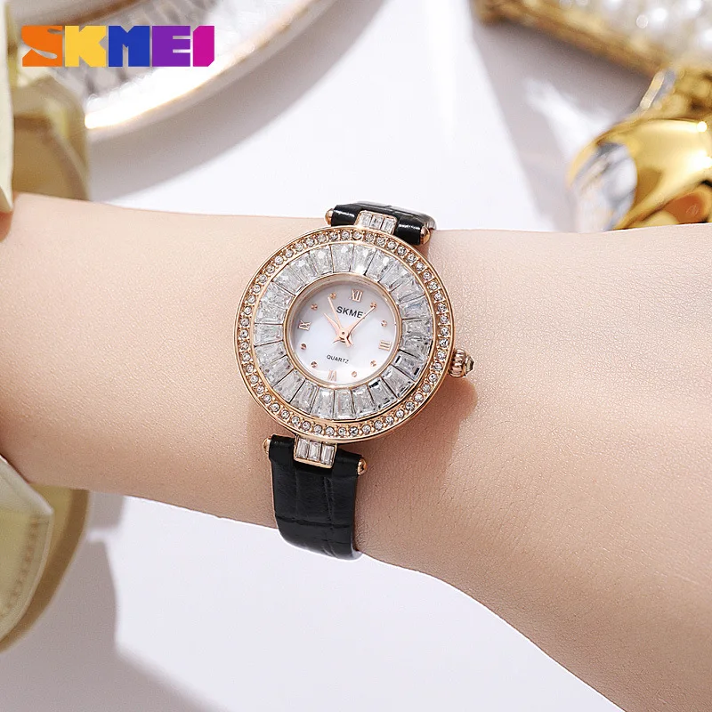 Skmei Fashion Elegant Female Student Leather Watch Strap High-Grade Diamond-Embedded Fashion Women's Quartz Watch