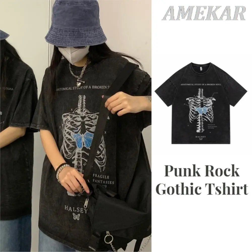 

2023 Distressed Oversize Tshirt Streetwear Hip Hop Vintage Skeleton Skull Print Punk Gothic T-Shirt Harajuku Casual Loose Tee