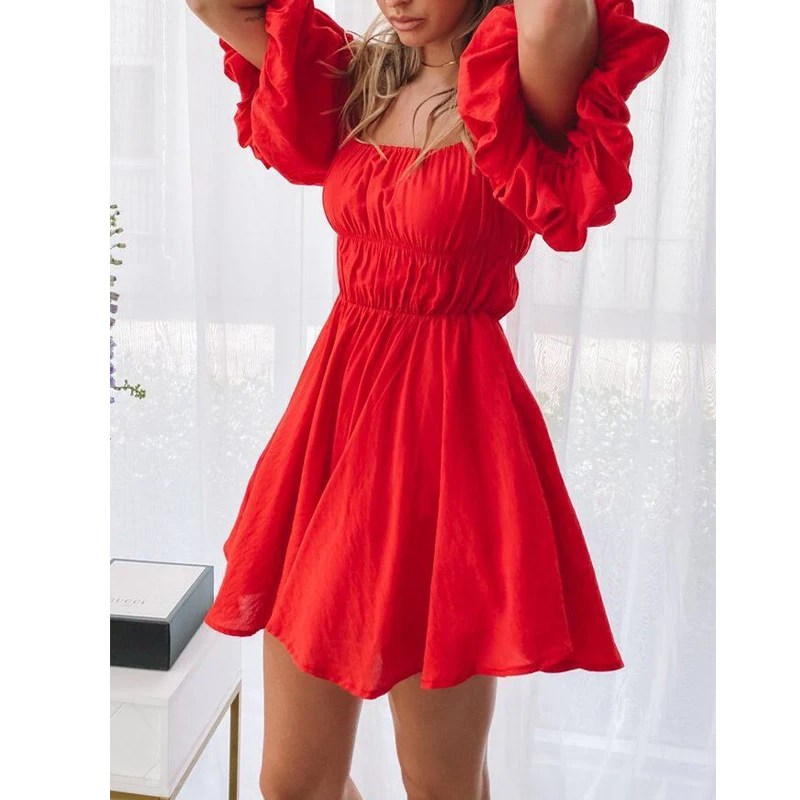 

New Summer Women Sexy Off Shoulder Slash Neck Sundress Lady Sweet Puff Sleeve Mini Dress A-line Outwear Dresses Girl Beach 2021