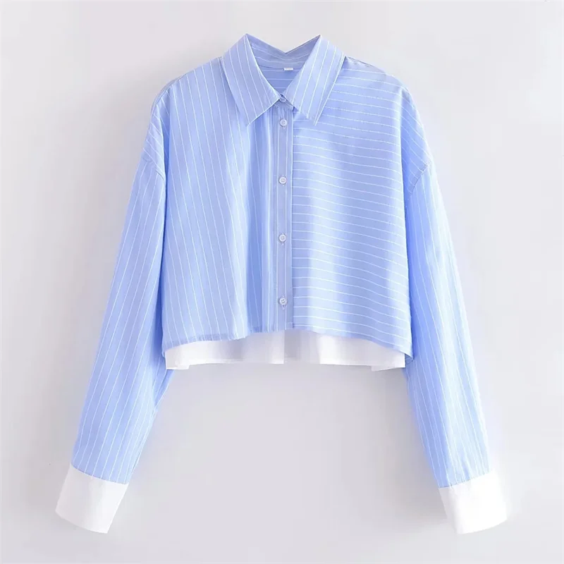 

TRAF Women Striped Crop Shirt Lapel Collar Dropped Shoulderlong Sleeves Pleated Cuffs Shirt Back Dart Detail Casual Chic 2023