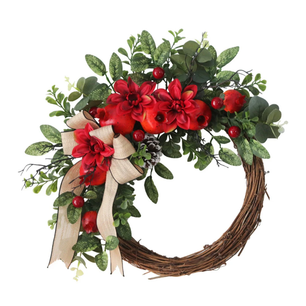 

Pomegranate Leaves Wreath Cherry Stamen Wedding Decoration Xmas Party Rattan Silk Christmas Hanging Weaved Handmade Fake Garland
