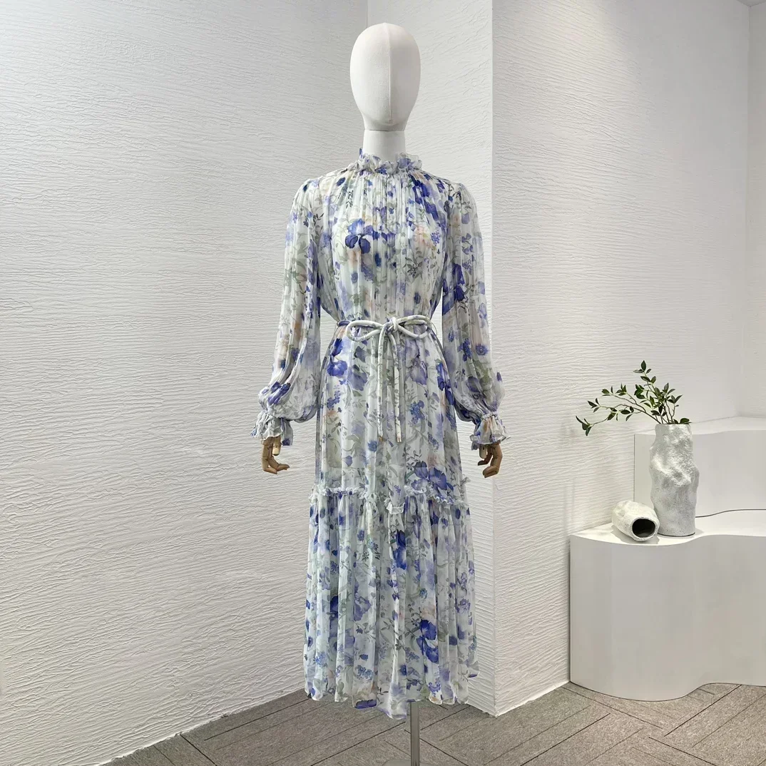 2024 новая коллекция синее женское платье миди с цветочным принтом и длинными