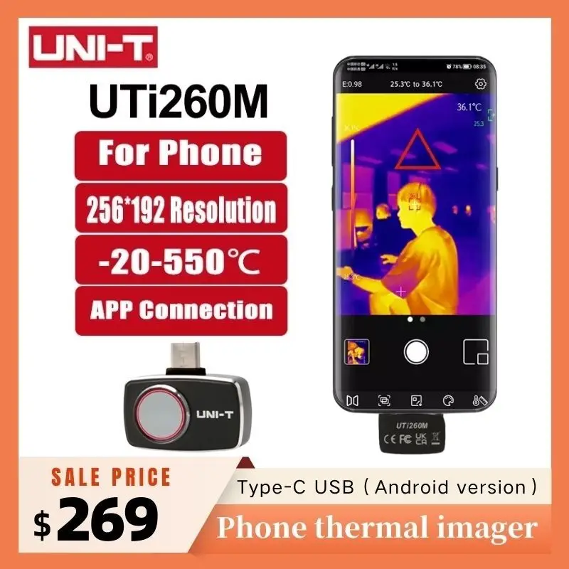 

UNI-T UTi260M инфракрасная тепловизионная камера для телефона, тепловизор для обнаружения протечки воды, тепловизор для Android Type C