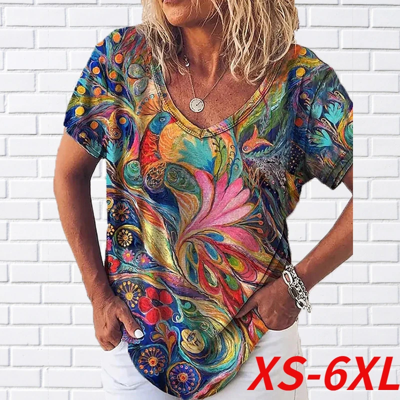 

2022 Summer Women's Abstract Painting T Shirt Graphic Graffiti New Print V Neck Basic Tops Female Shirt Loose Plus Size Pullover
