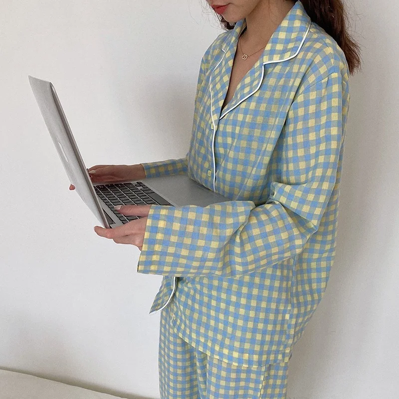 Cute Grid Girls Pajamas Set Korean Autumn Winter New Long Sleeve Leisure Sleepwear Women Loose Nightwear Homewear Suit