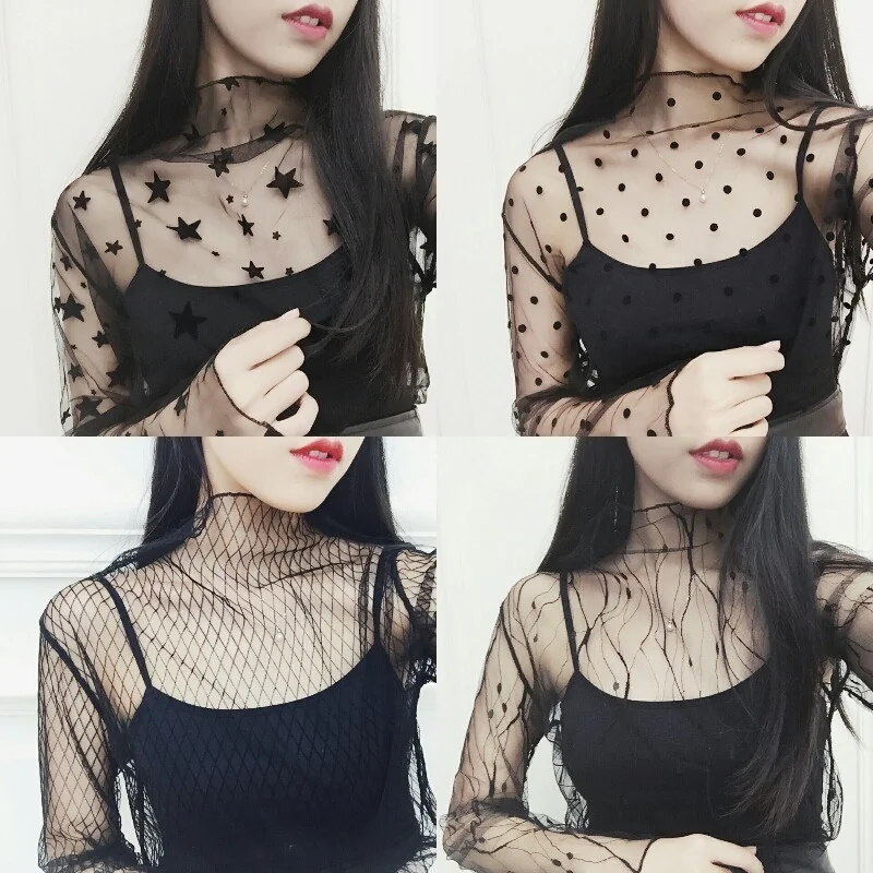 

Mesh Sheer Party Clubwear Night Shirt Tops 2022 Shirts Lace Fashion Black Sexy Women Long Sleeve See Through
