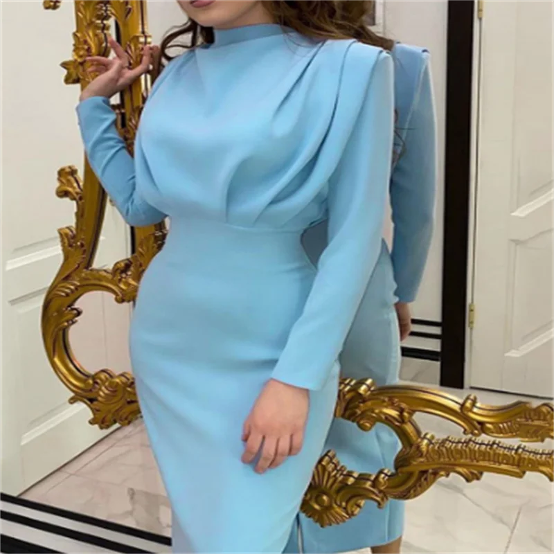 

Elegant Women Dress Stand Collar Slim Waist Solid Blue Ankle Length Autumn Long Sleeve Casual Party Dress 2022 Fashion