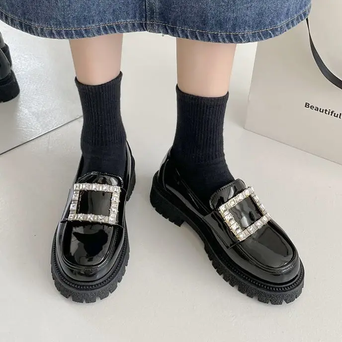 

platform Loafers Women shoes Autumn New Black Slip on Boat crystal Designer Casual Leather Oxfords Shoes Zapatillas De Mujer