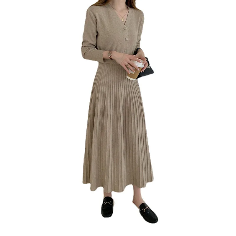 

FEZCO 2022 Spring Women Dress French Retro Pleated Grace Button Mature Daily Leisure Time Party Club Long Sleeve Dresses Women