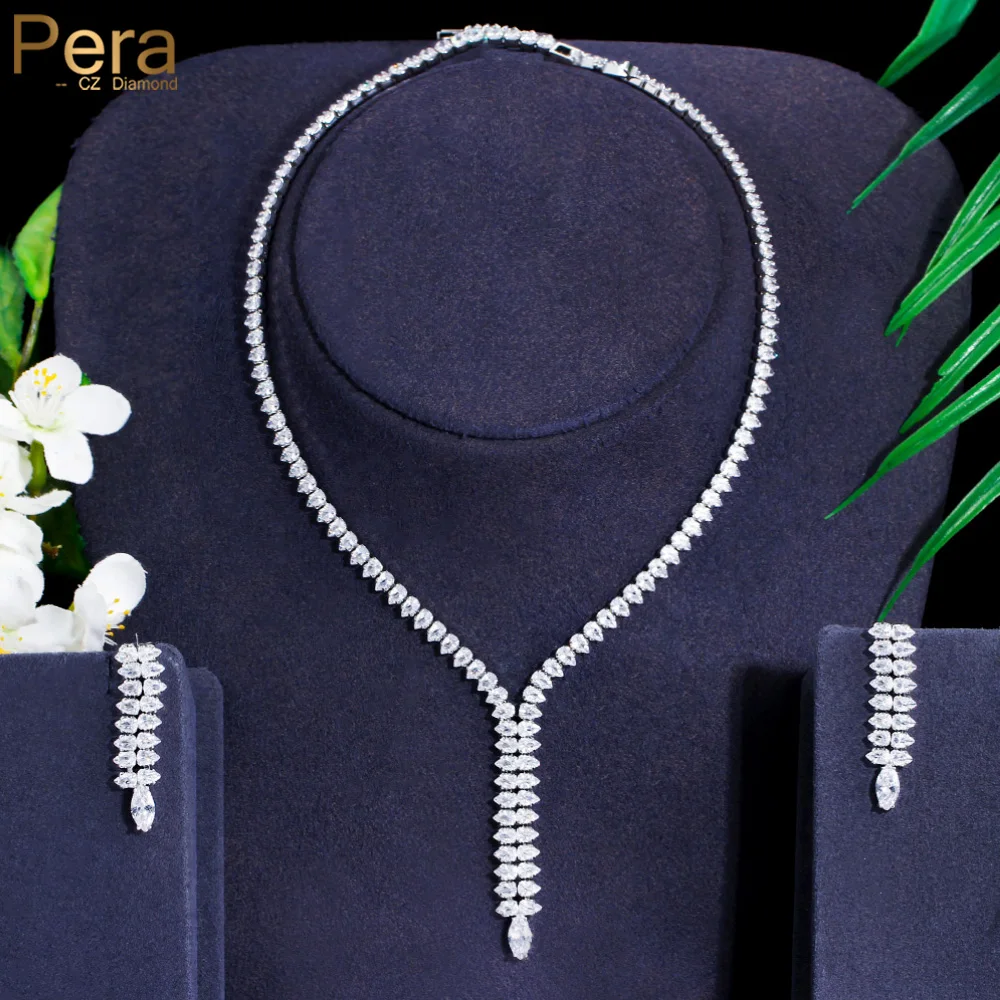 

Pera Incomparable White Cubic Zirconia Long Double Teardrop Pendant Necklace and Earrings for Bridal Wedding Jewelry Sets J250