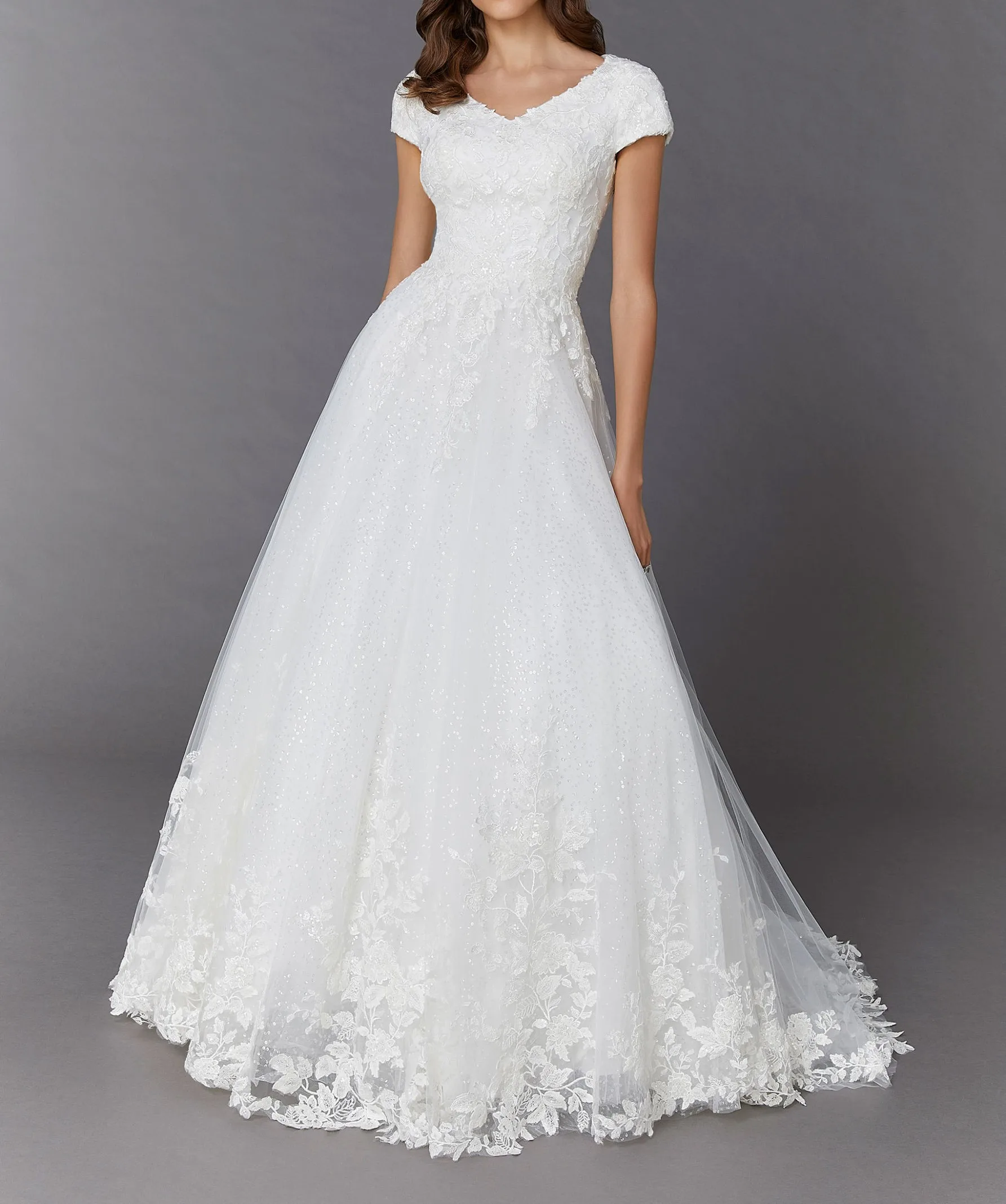 

Spring Long Cap Sleeve Women Bride A-Line Tulle Wedding Dress Gown WHW-597