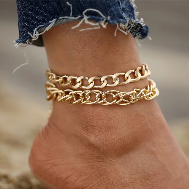 

Simple Gold Double Layer Exaggerated Thick Chain Summer Anklet Jewelry for Women 2022