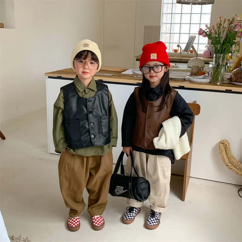 

Children Clothes Vest 2022 Spring Autumn New Boys and Girls Korean Leather Vest Fashion Cool Casual Solid Children Leather Vest