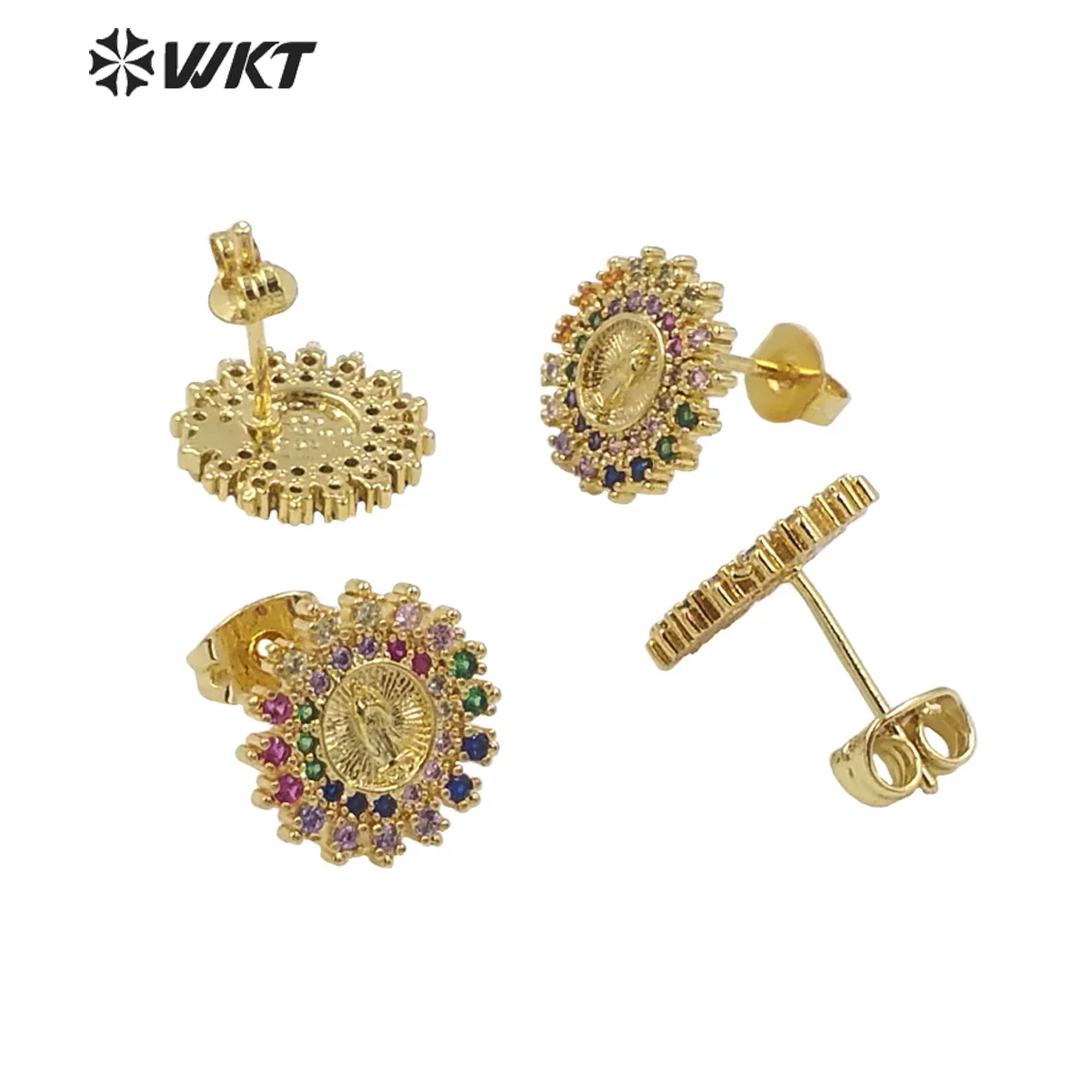 Фото WT-ME102 Новые модные серьги-гвоздики с микроинкрустацией цветными кубическими циркониями в форме Девы Марии, религиозные серьги для женщин №2