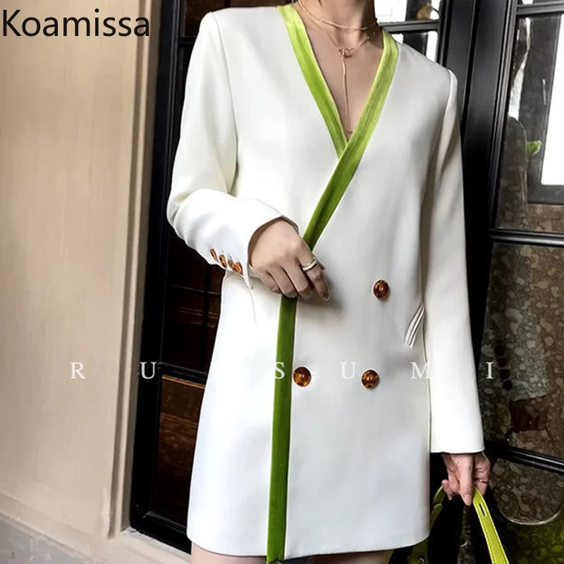 

Koamissa Spring Autumn Women Elegant Long Blazer Double Breasted Chic Kroean Blazers V Neck Fashion Lady Outwear Tops 2022