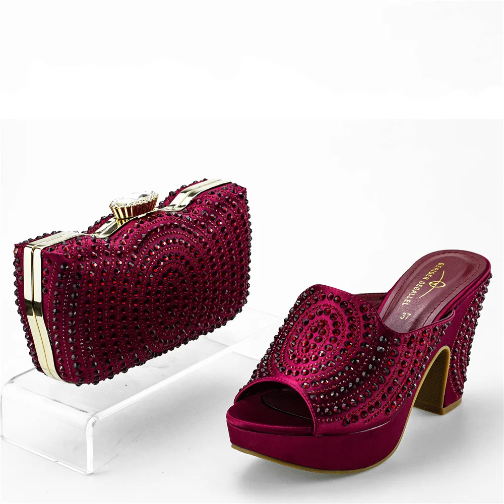 

Fashionable Italian for Heels Height 10 CM in Wine Color Decorated with Crystal African Women Sandals for Ladies Party