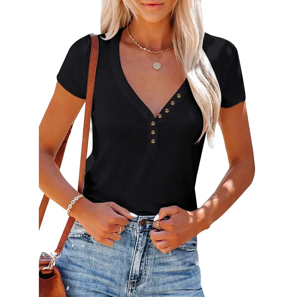 

Women's Short Sleeve V-neck Button Blouse Summer Solid Color T-Shirt