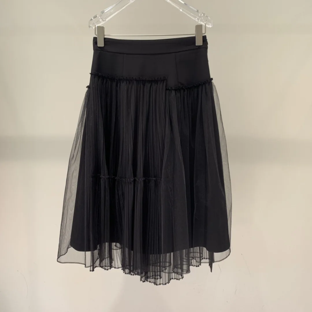 

New design sense temperament matching high waist pleated mesh gauze skirt