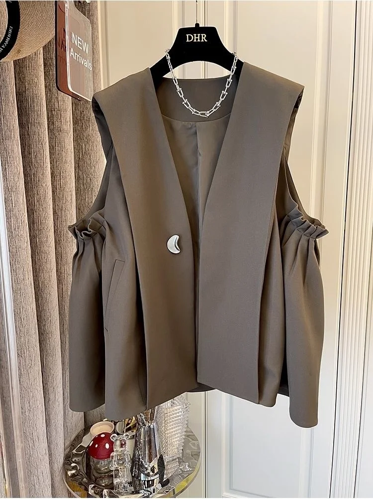 

Black Clothing 2022 Autumn Winter New Korean Loose Casual Coffee Jacket Pleated Umbrella Suit Vest Coat Women Top Female M049