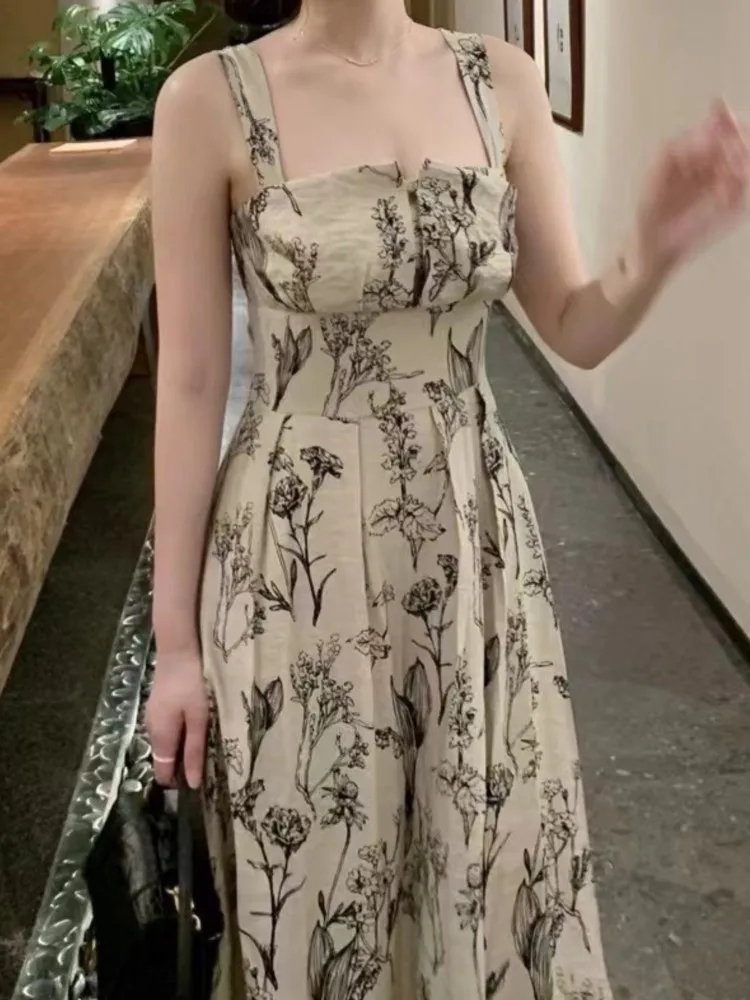 

Women Floral Print Casual Midi Summer Dress Spaghetti Strap Slim Vintage A-Line Maxi Party Beach Vestidos Femme Fashion Sundress
