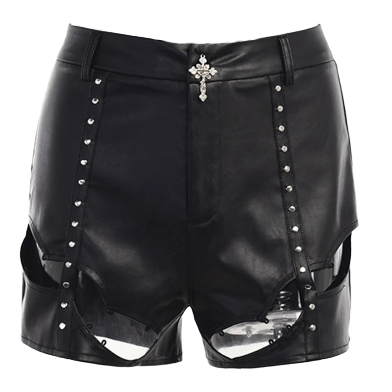 

Slim PU Leather Shorts for Women High Waist Shorts Hollow out Shorts Trousers