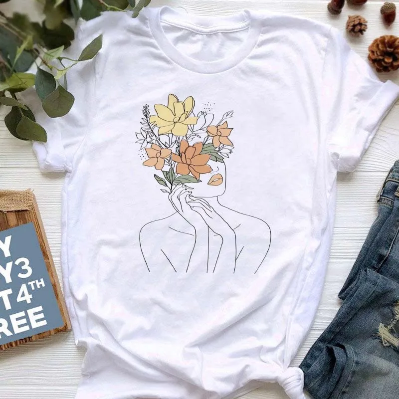 

Flower Women New Face Abstract Printed T Shirt Casual Fashion Tees Vintage Ulzzang Harajuku Kawaii Short Sleeve Female T-shirts