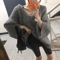 women v neck sweater knitting long sleeve solid tops loose sweaters female winter pullover knitted jumper thick sexy streetwear