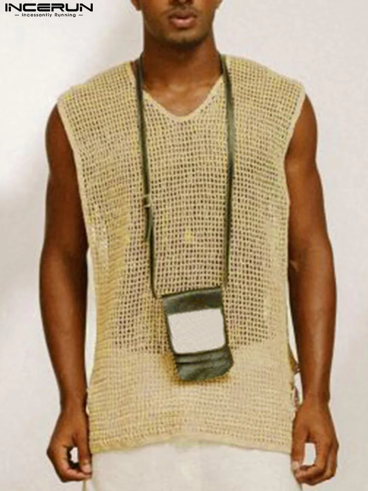 

2022 Men Tank Tops Mesh Sleeveless O-neck Lace Up See Through Sexy Vests Breathable Streetwear Side Split Men Clothing INCERUN 7