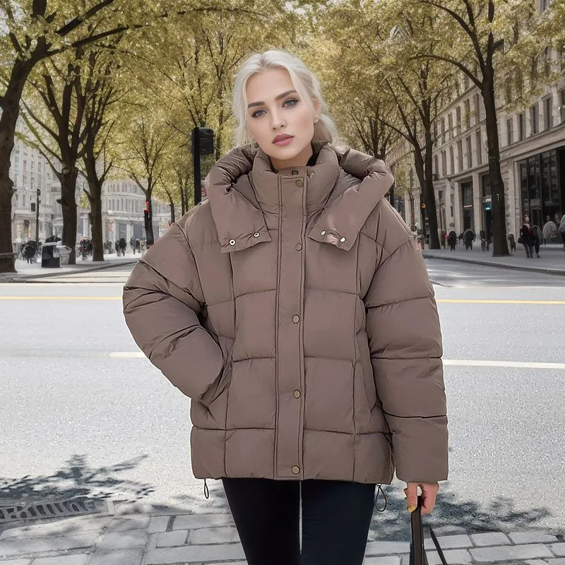 

2023 зимнее утепленное короткое однотонное свободное повседневное хлопковое пальто с капюшоном