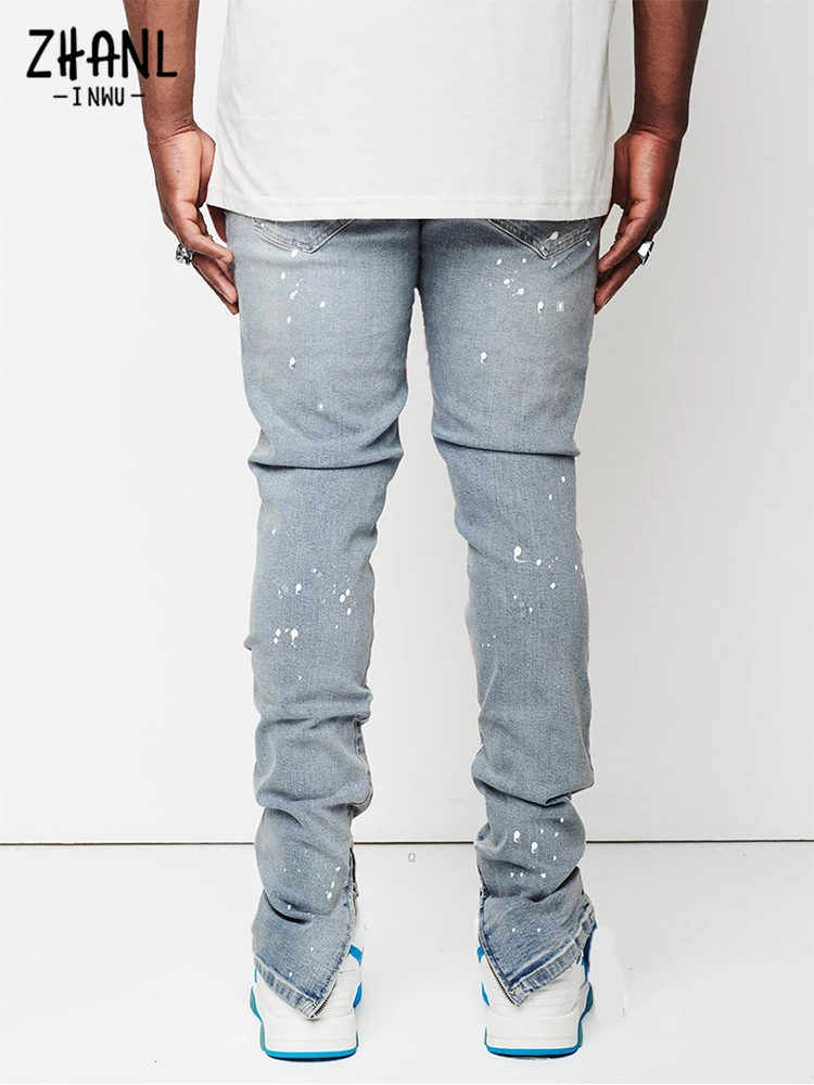 England New Design jeans Men Paint Slim Fit Cotton Ripped denim pants Biker Skinny Distressed knee damage light blue jeans