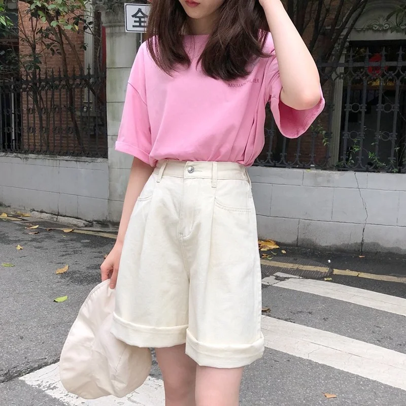 2021 Harajuku Summer Women High Waist Sweet Pink Shorts Soft Wide Leg Denim Shorts Japanese Girl All-Match Solid Casual Outfits