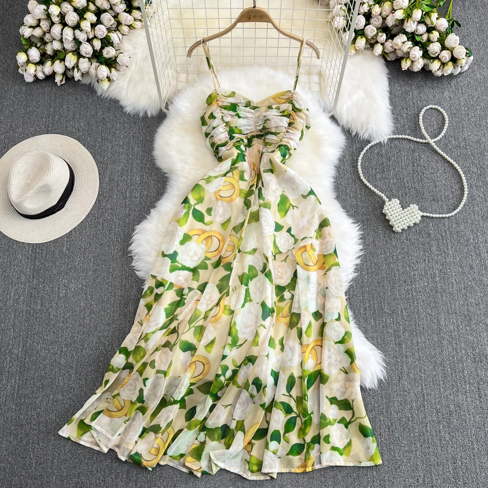 

Платье женское Плиссированное ТРАПЕЦИЕВИДНОЕ с цветочным принтом, шикарный пляжный сарафан в Корейском стиле для отпуска, винтажная модель без рукавов, на лето