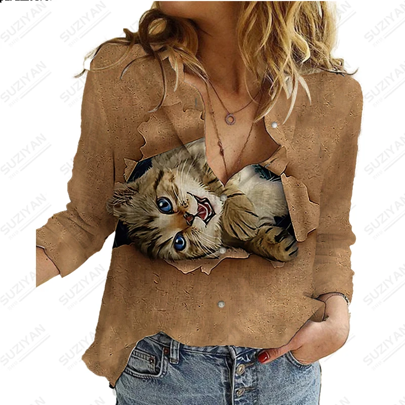 

Fashion New Hot Selling Cat Cute 3D Printed Women's Long Sleeve Shirt Elegant Street Style Chiffon Shirt Loose and Breathable
