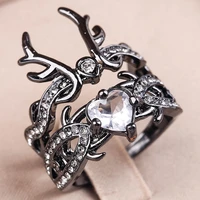 cute animal horn black deer antler rings for women girl luxury 2 pcsset crystal cz heart stone ring party jewelry gifts a4m264