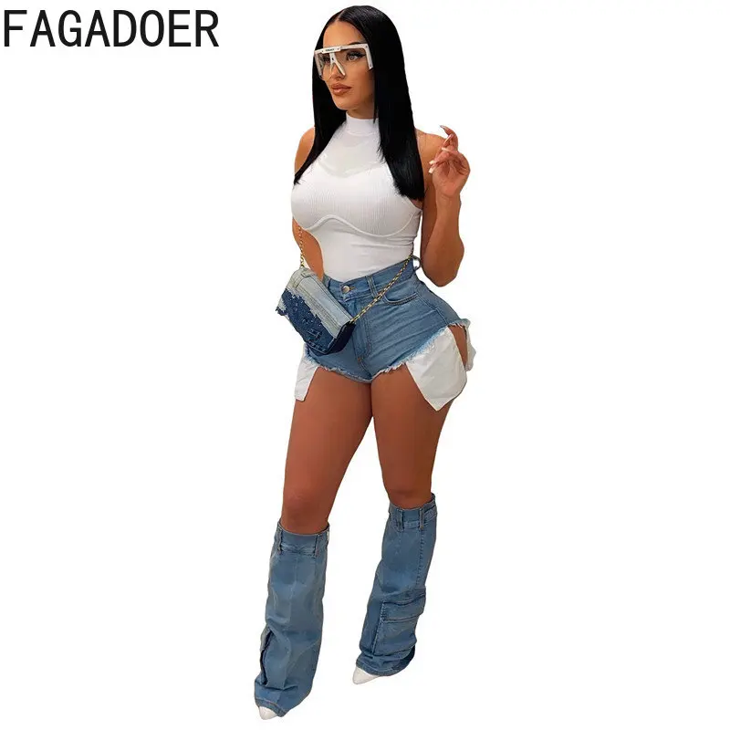 FAGADOER Fashion Y2K Denim Shorts Legging Socks Two Piece Sets Women High Waisted Button Shorts Casual Female Patchwork Bottoms