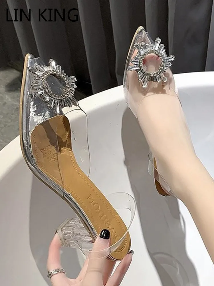 

LIN KING Designer Women Clear Sandals Luxury Crystal Transparent High Heels Summer Slippers Sexy Pointed Toe Ladies Dress Shoes