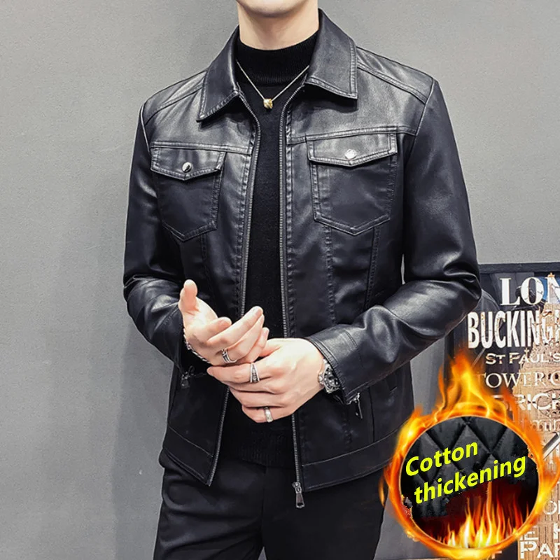 

New Trend Men's Leather Jackets Thick Winter Warm Jacket Slim Fit Cool Motorcycle Turn-down Collar Zipper Coats