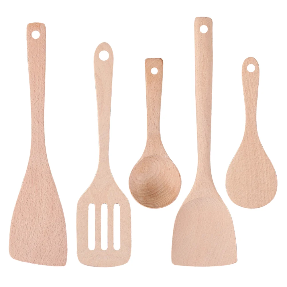 

Wooden Kitchen Set Bamboo Cooking Cookware Utensils Utensil Spoon Tools Natural Wood Five Ladle Sauce Spatulas Spatula