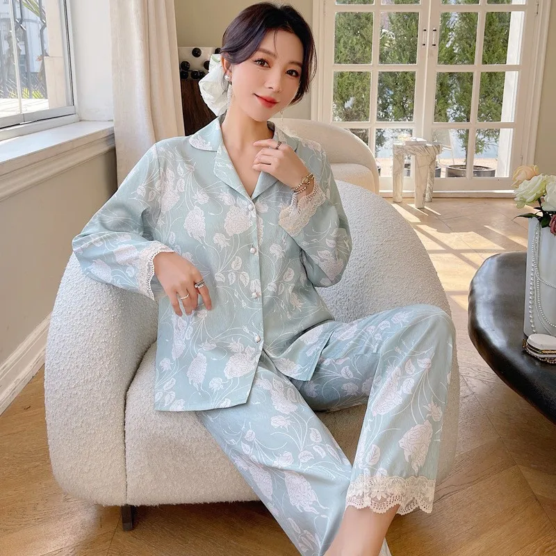 2023 Spring and Autumn New Ice Silk Pajamas Women's Long-Sleeved Trousers Lace Printing Suit Can Be Outerwear Homewear