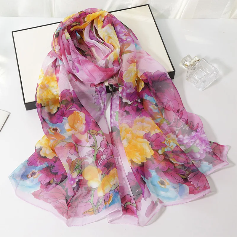 

1pc Women Fashion Long Floral Print Silk Scarf Summer Thin Soft Georgette Lotus Leaf Sunscreen Scarves Muslim Hijab Beach Shawl