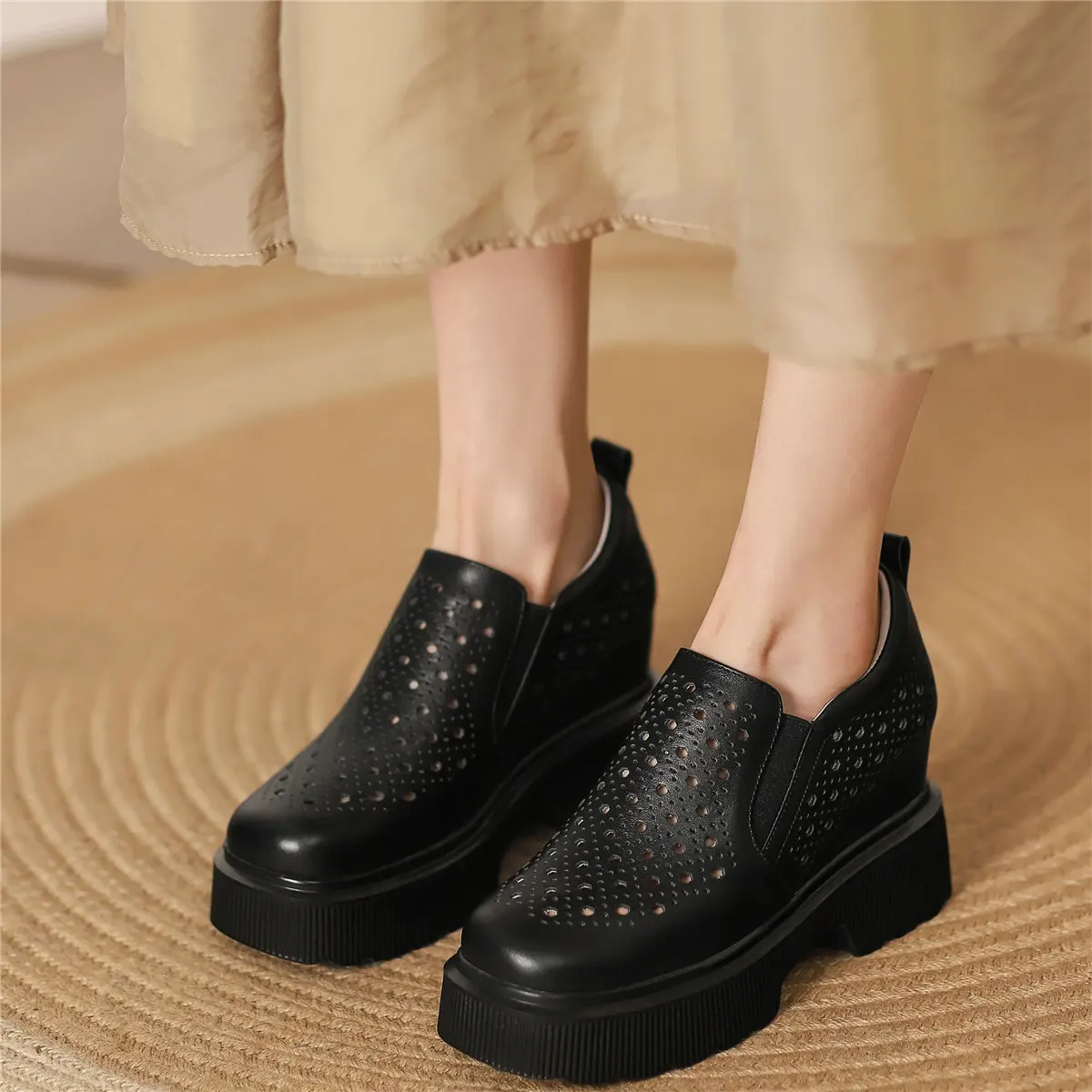 2022 Fashion Sneakers Women Slip On Genuine Leather High Heel Ankle Boots Female Summer Square Toe Platform Pumps Casual Shoes