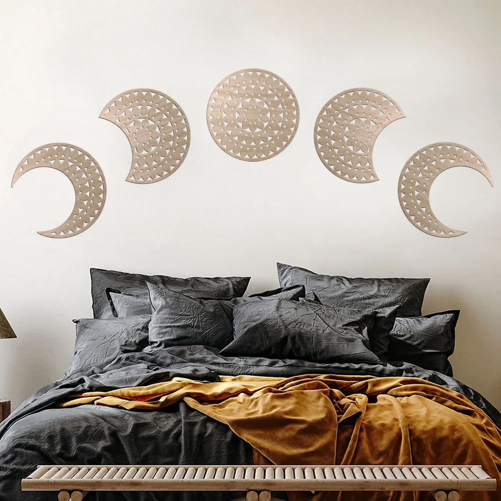 

5pcs 3D Wooden Moon Phases Wall Decorative Natural Design Moon Cycle Variation Decorative Creative Bohemian Wall-mounted Decor